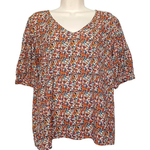 ICHI Orange Red White Colorful Floral Print Short Sleeve V Neck Top Small - Picture 2 of 8